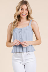 Lace Peplum Tie Front Ribbed Cami Top in Blue Simmer & Fay S